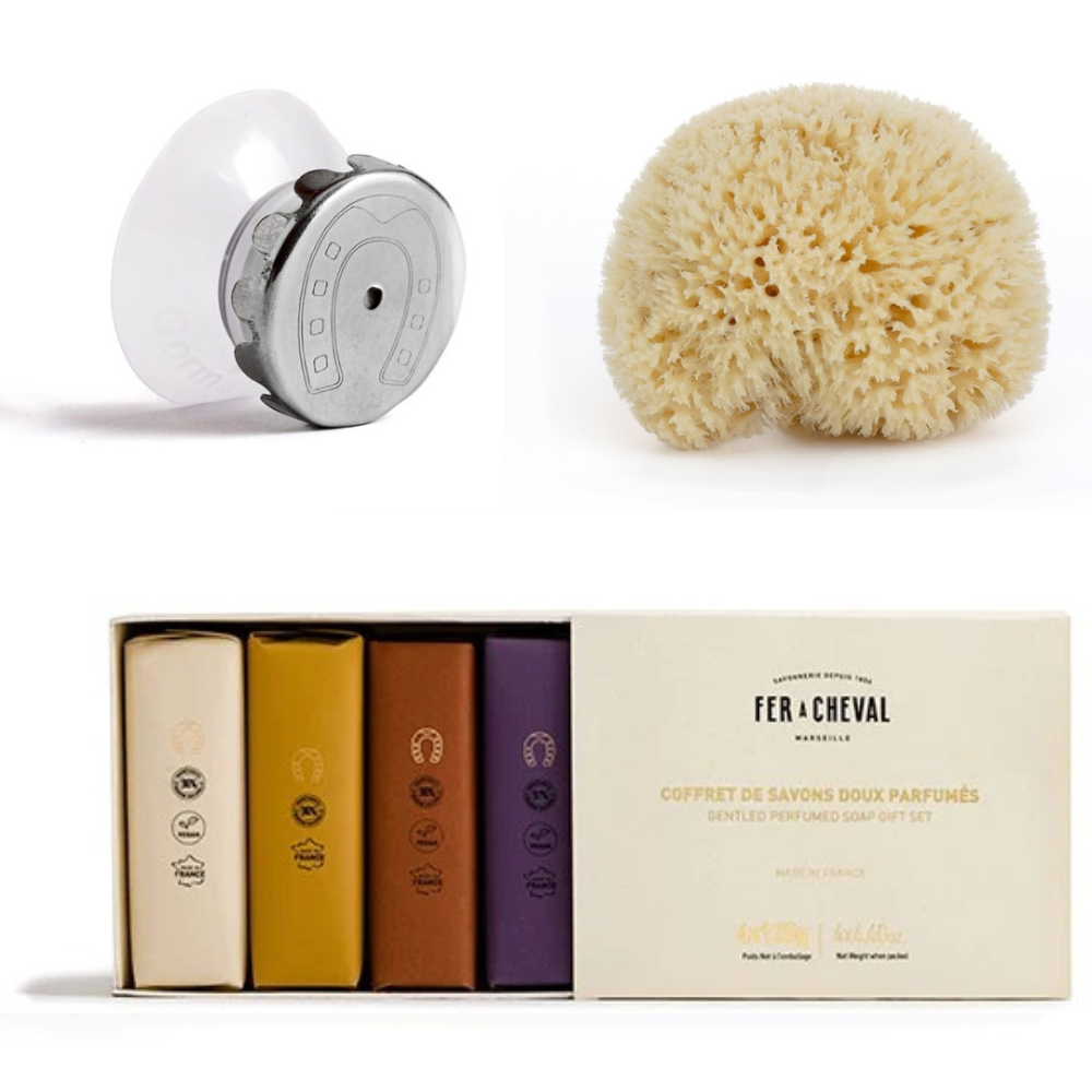 Fer à Cheval Trio Douche coffret 4 savons éponge porte-savon