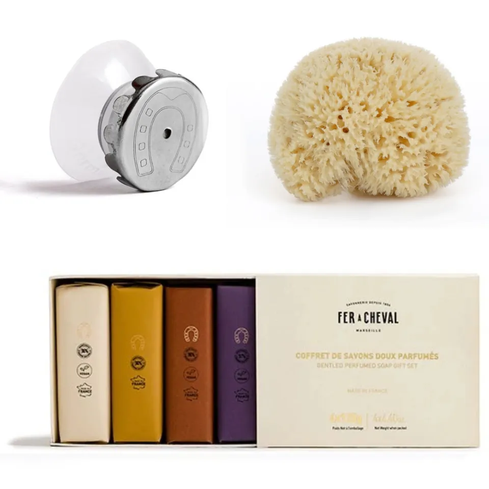 Fer à Cheval Trio Douche coffret 4 savons éponge porte-savon