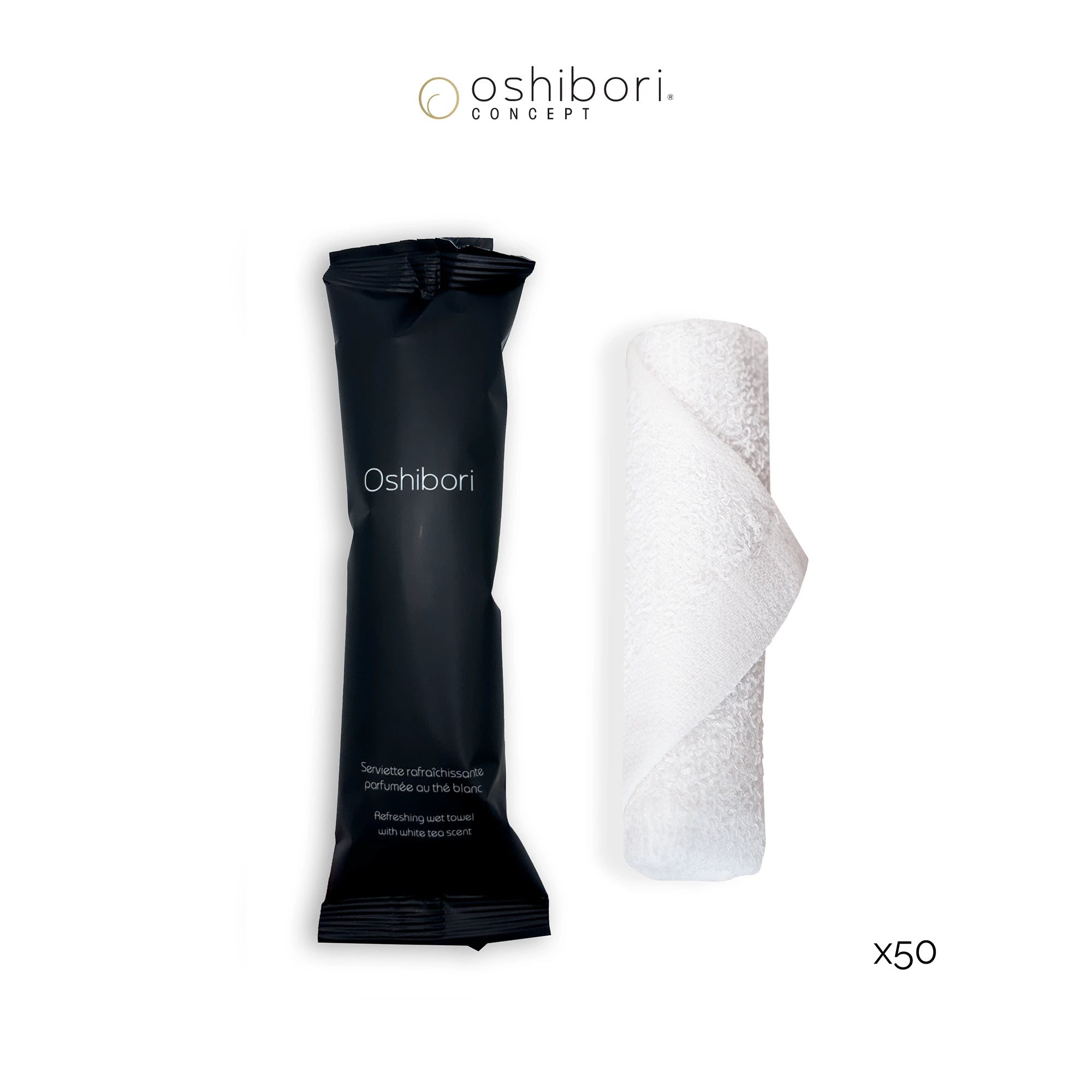 Oshibori Concept 15g Serviette Rafraîchissante Noir Thé Blanc x50