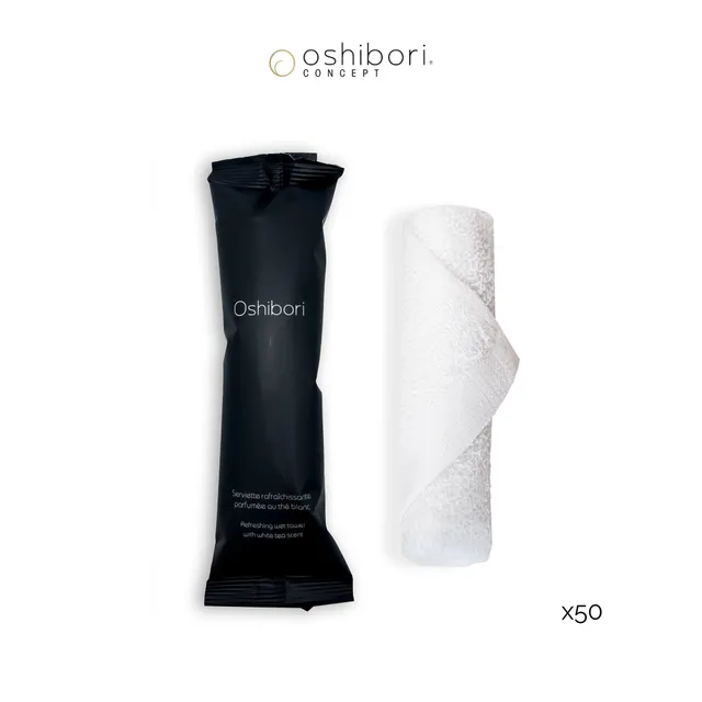 Oshibori Concept 15g Serviette Rafraîchissante Noir Thé Blanc x50