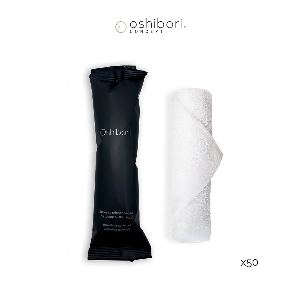 Oshibori Concept 15g Serviette Rafraîchissante Noir Thé Blanc x50