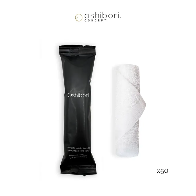 Oshibori Concept 10 grammes serviette rafraîchissante noir x50 thé vert