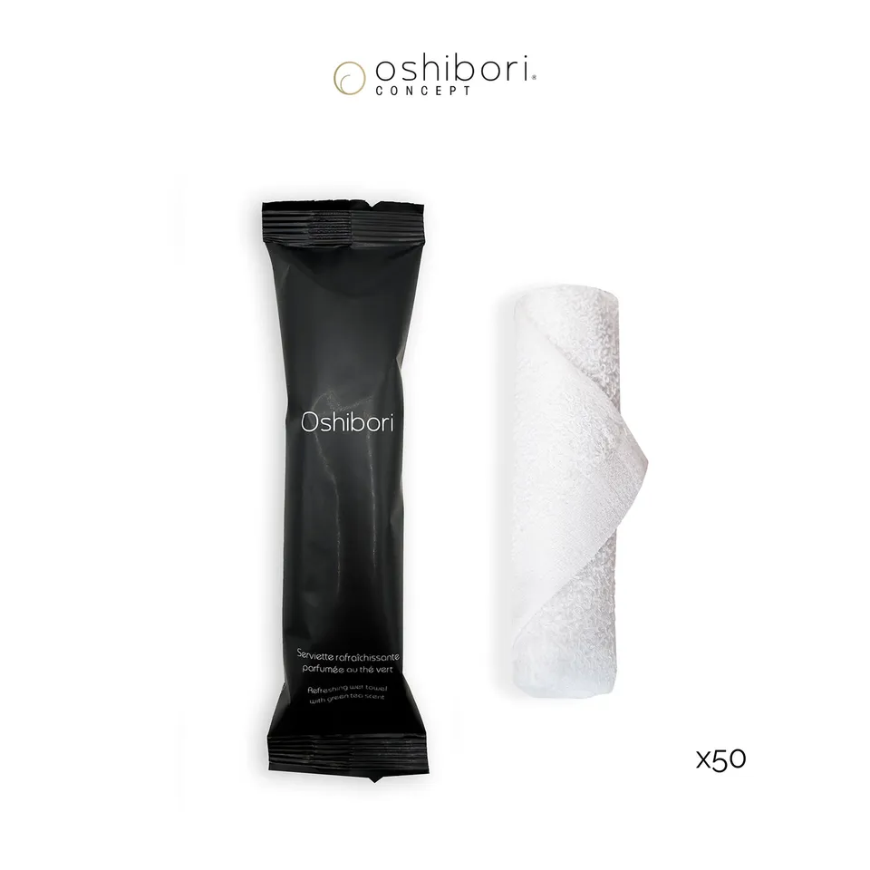 Oshibori Concept 10 grammes serviette rafraîchissante noir x50 thé vert