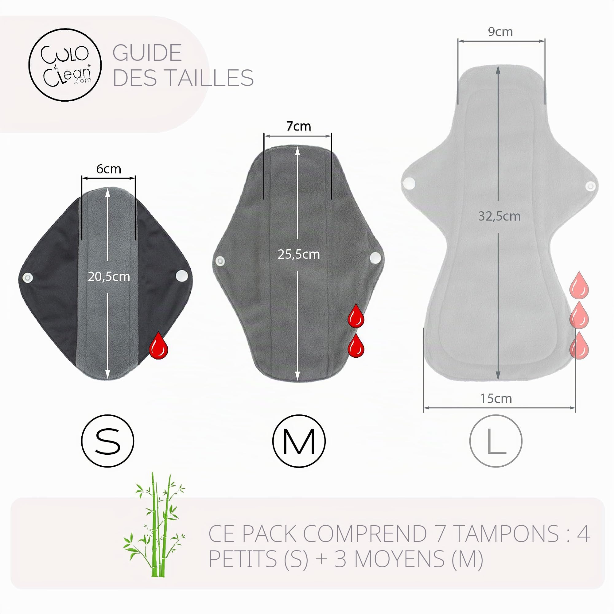 CuloClean Serviettes Hygiéniques Lavables 4S+3M Bambou Flux Léger