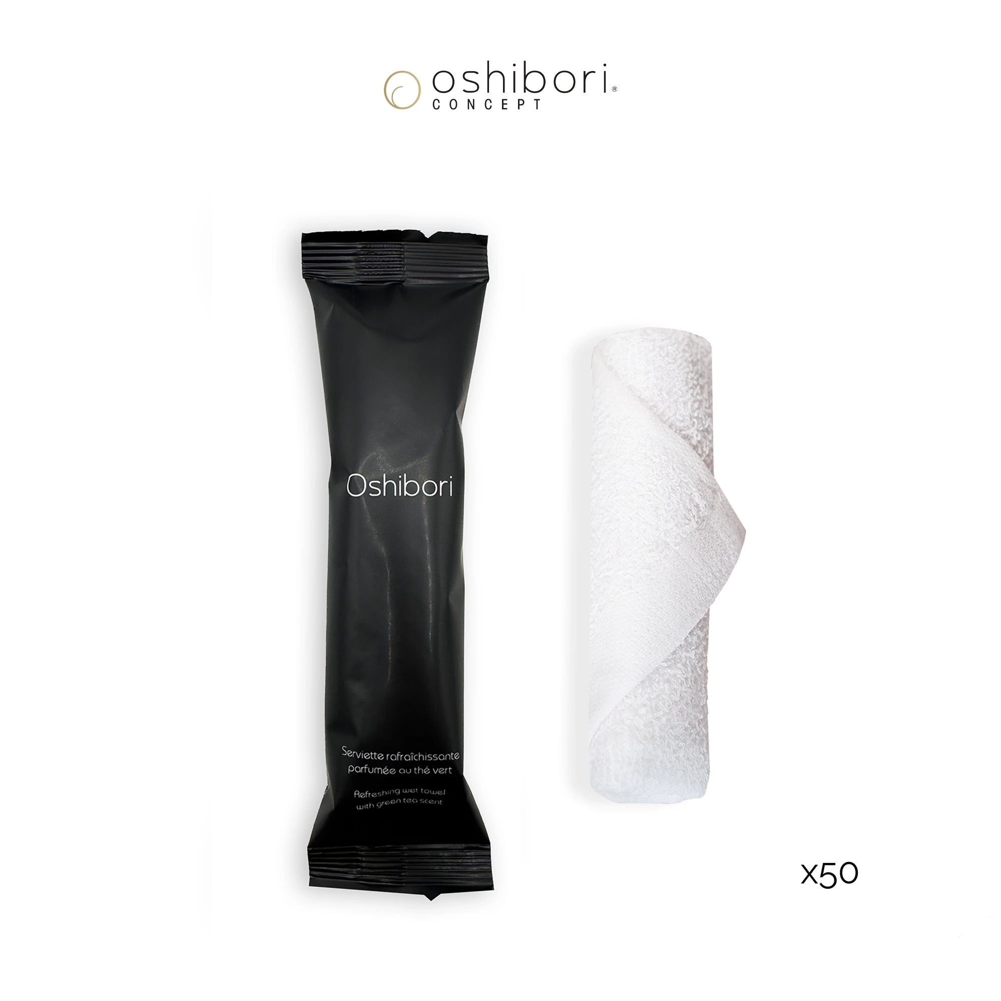 Oshibori Concept 10 grammes serviette rafraîchissante noir x50 thé vert