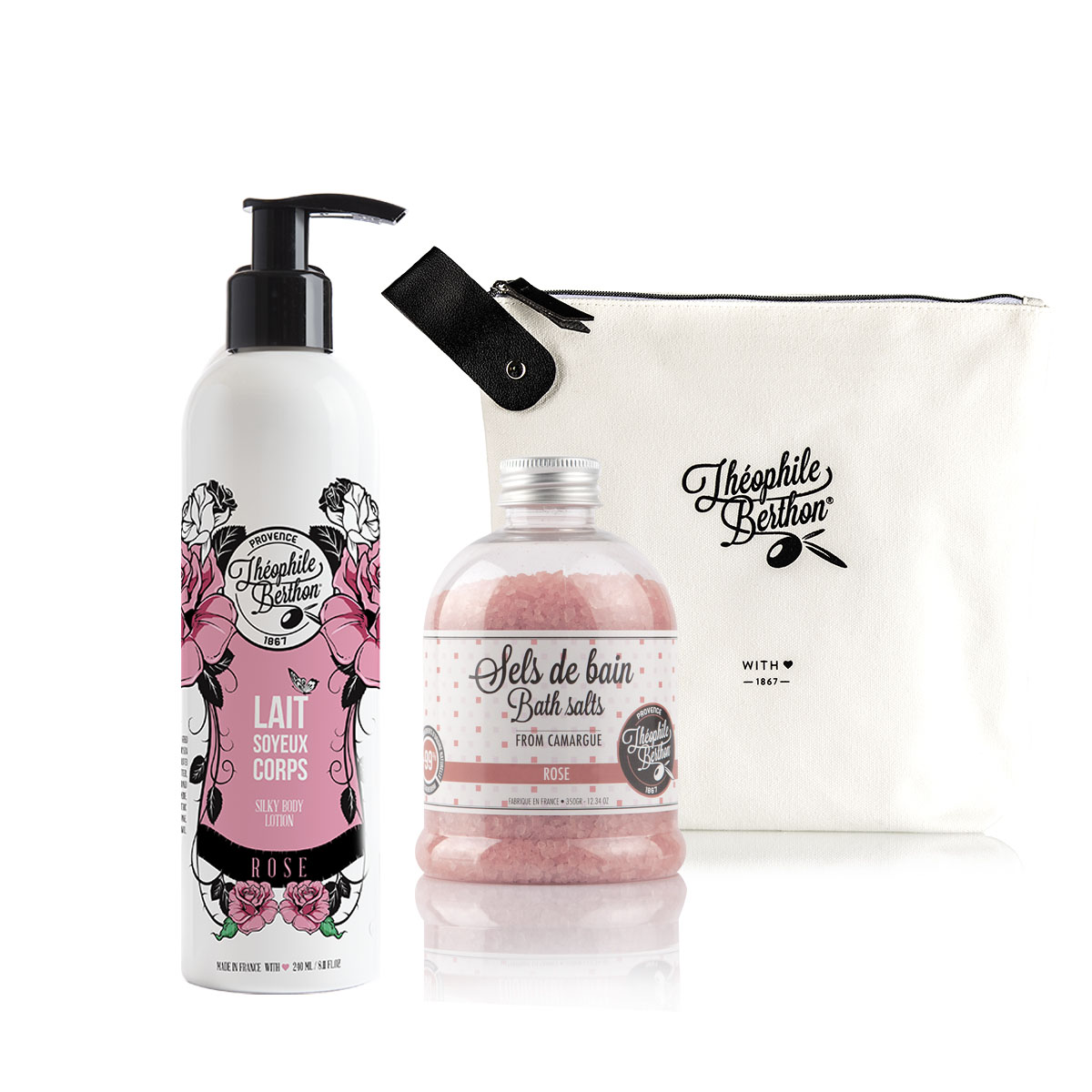 Theophile Berthon Trousse Rose Délicate Lait 240ml + Sels 350g