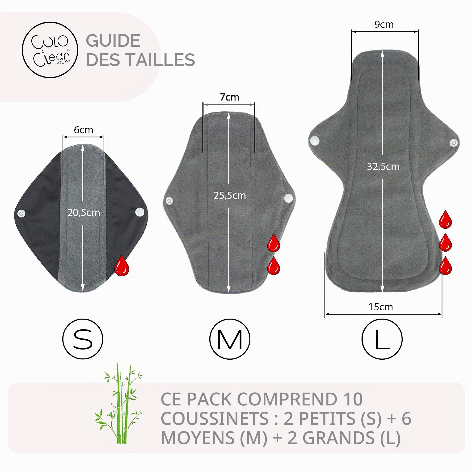 CuloClean Serviettes Hygiéniques Lavables Bambou 2S+6M+2L bidet
