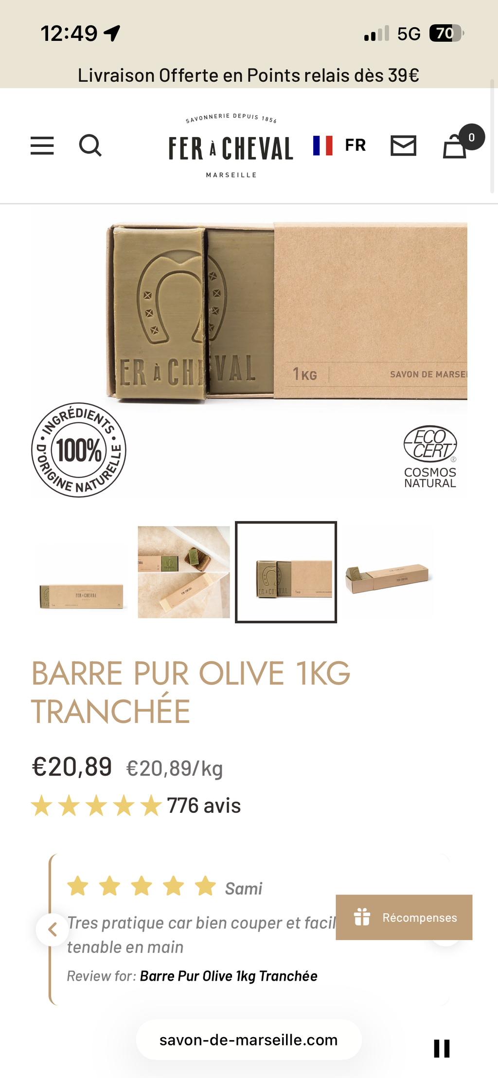 NCDSM Barres Pur Olive savon Marseille barre 1kg tranchée