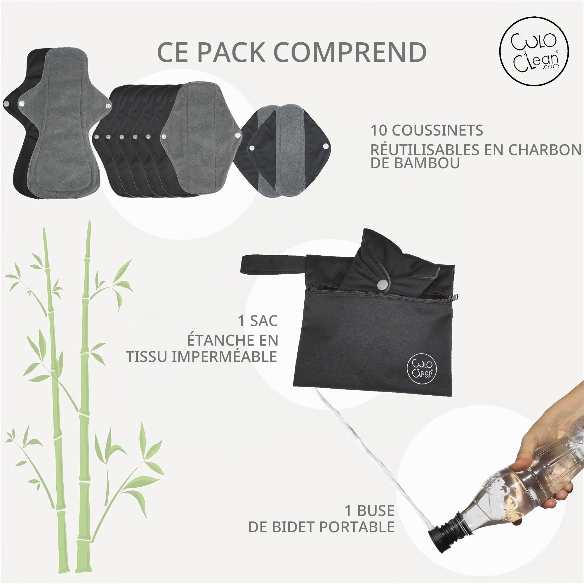 CuloClean Serviettes Hygiéniques Lavables Bambou 2S+6M+2L bidet